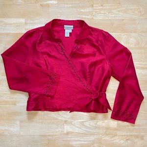 Coldwater Creek Embroidered Silk Collared Long Sleeve Wrap Blouse - Red